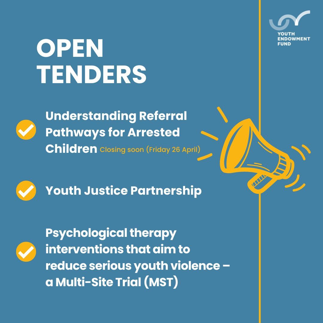 📣 Check out the latest tender opportunities to get involved in our work to tackle children's involvement in violence. - Understanding Referral Pathways for Arrested Children - Youth Justice Partnership - Psychological therapy interventions Visit: buff.ly/41w5SFN