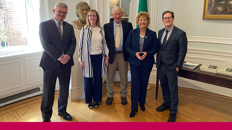 Kerby Miller, honorary professor of History at University of Galway, and his wife Patricia paid a courtesy call, with Prof Daniel Carey and An tOllamh Breandán Mac Suibhne, on Geraldine Byrne Nason, Ambassador of Ireland to the United States on 16 April.