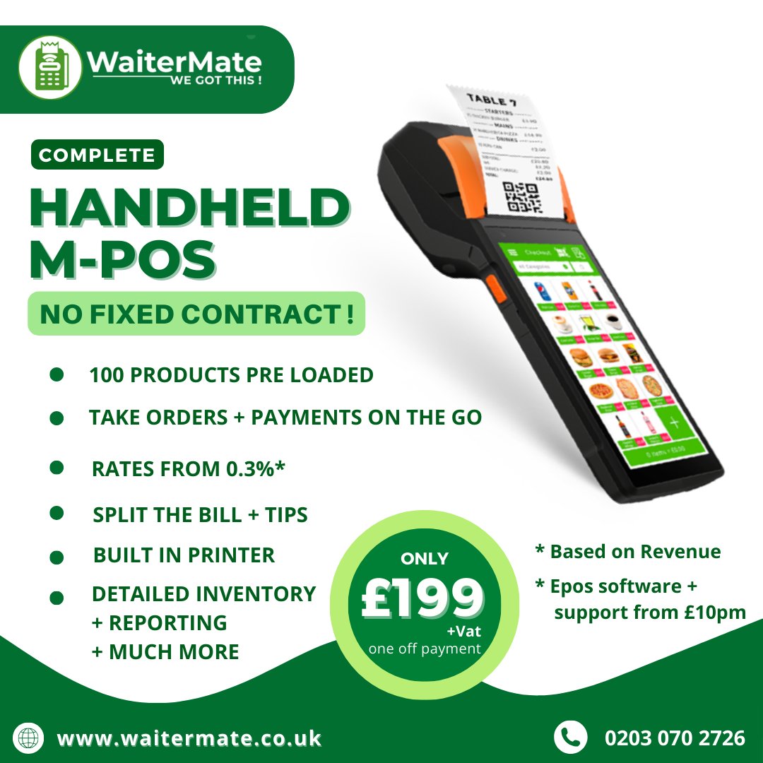 WaiterMate's tweet photo. Upgrade your hospitality business with Mobile EPOS! Streamline orders, manage inventory, and boost efficiency on-the-go. For more details: https://t.co/Xft47BEo5z 
Email: sales@waitermate.co.uk Call us: 01212707500 https://t.co/JgCrE5kAeY