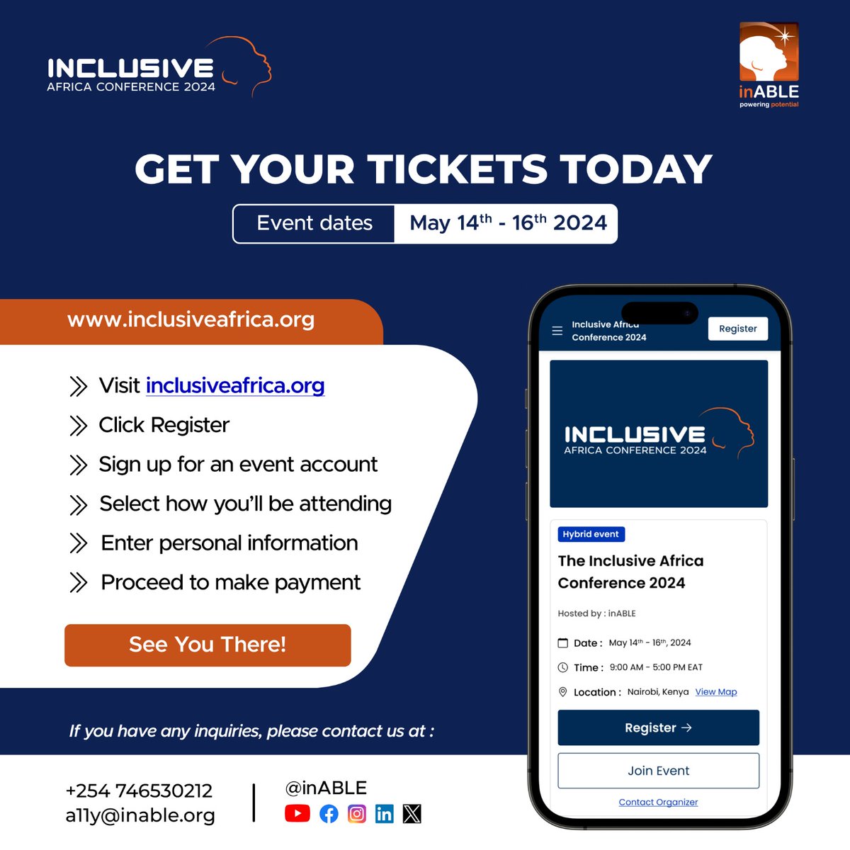 🎟️ Get Your Tickets Now! 🎟️ Join us from May 14th to 16th, 2024, in Nairobi, Kenya, at the 5th Inclusive Africa Conference for three days of insightful sessions, inspiring speakers, and networking opportunities.