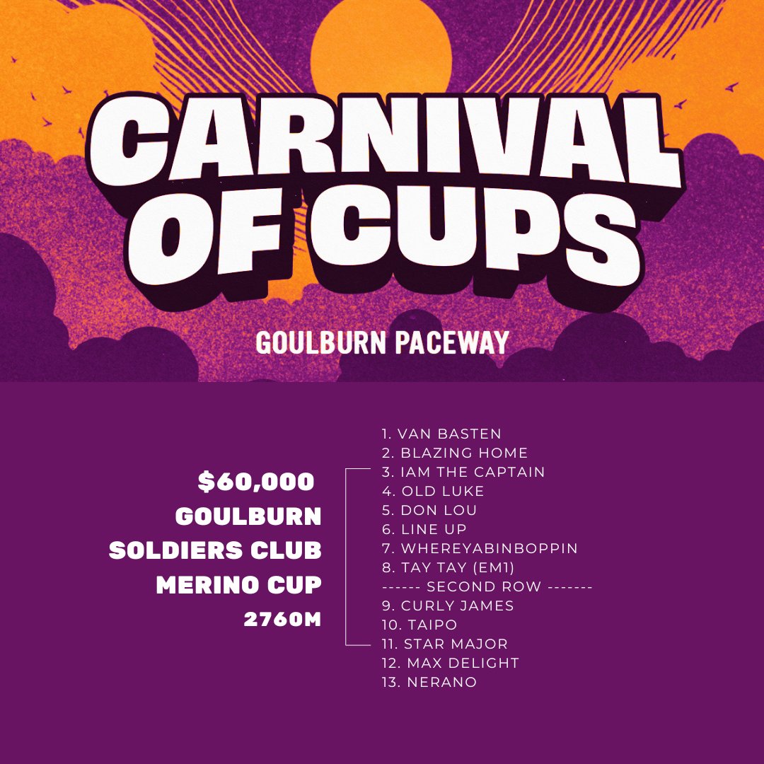 🏆 Fields are out for Sunday's Goulburn Carnival of Cups The main feature has attracted a quality field...who wins?