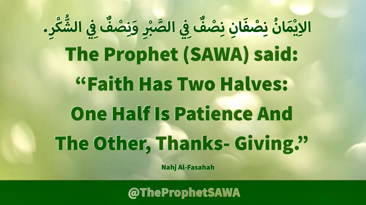 #HolyProphet (SAWA) said:

“Faith Has Two Halves: 
One Half Is Patience And 
The Other, Thanks- Giving.”

#ProphetMohammad #Rasulullah 
#ProphetMuhammad #AhlulBayt