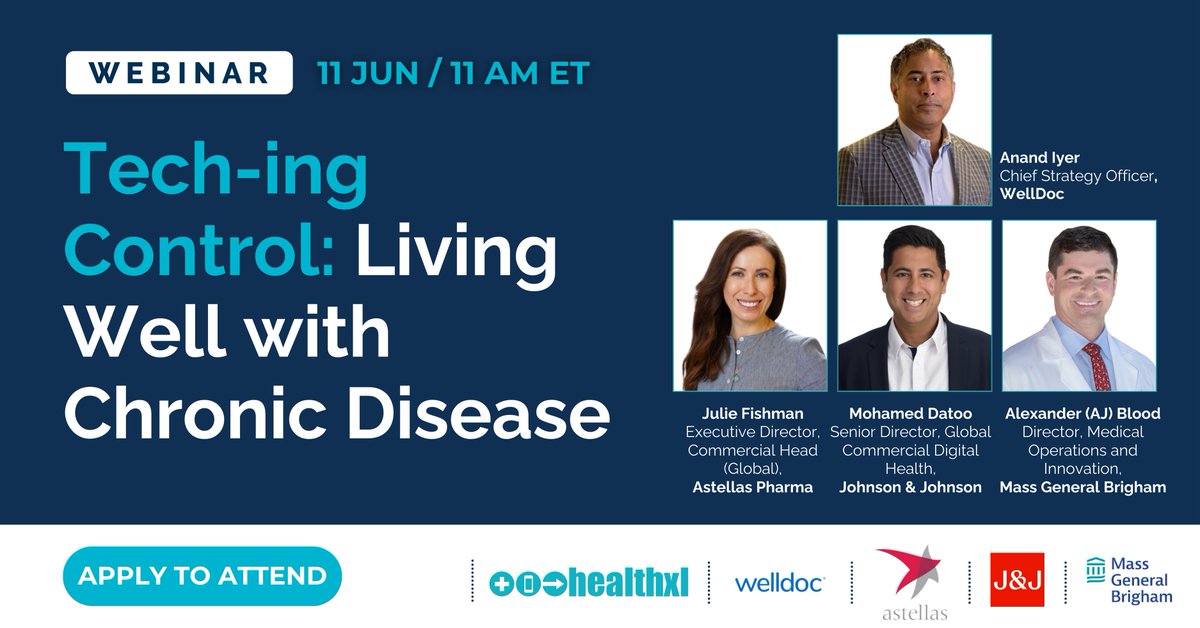 health_xl's tweet image. Join HealthXL #webinar with industry leaders  Anand Iyer, Julie Fishman, Mohamed Datoo, &amp;amp; Alexander Blood as we explore how digital health solutions can help us live well with #chronic conditions.

Click to Apply: portal-beta.healthxl.com/meetings/2f0e0…