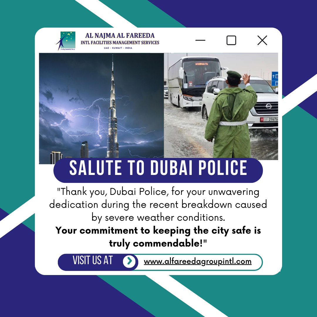 Grateful to Dubai Police for keeping us safe during challenging weather conditions. Acknowledging those who safeguard our well-being is key to fostering a safer community.
#dubaipoliceforce #communityheroes #safetyfirst #Gratitude #DubaiStrong #RainyDayHeroes #ThankYouOfficers