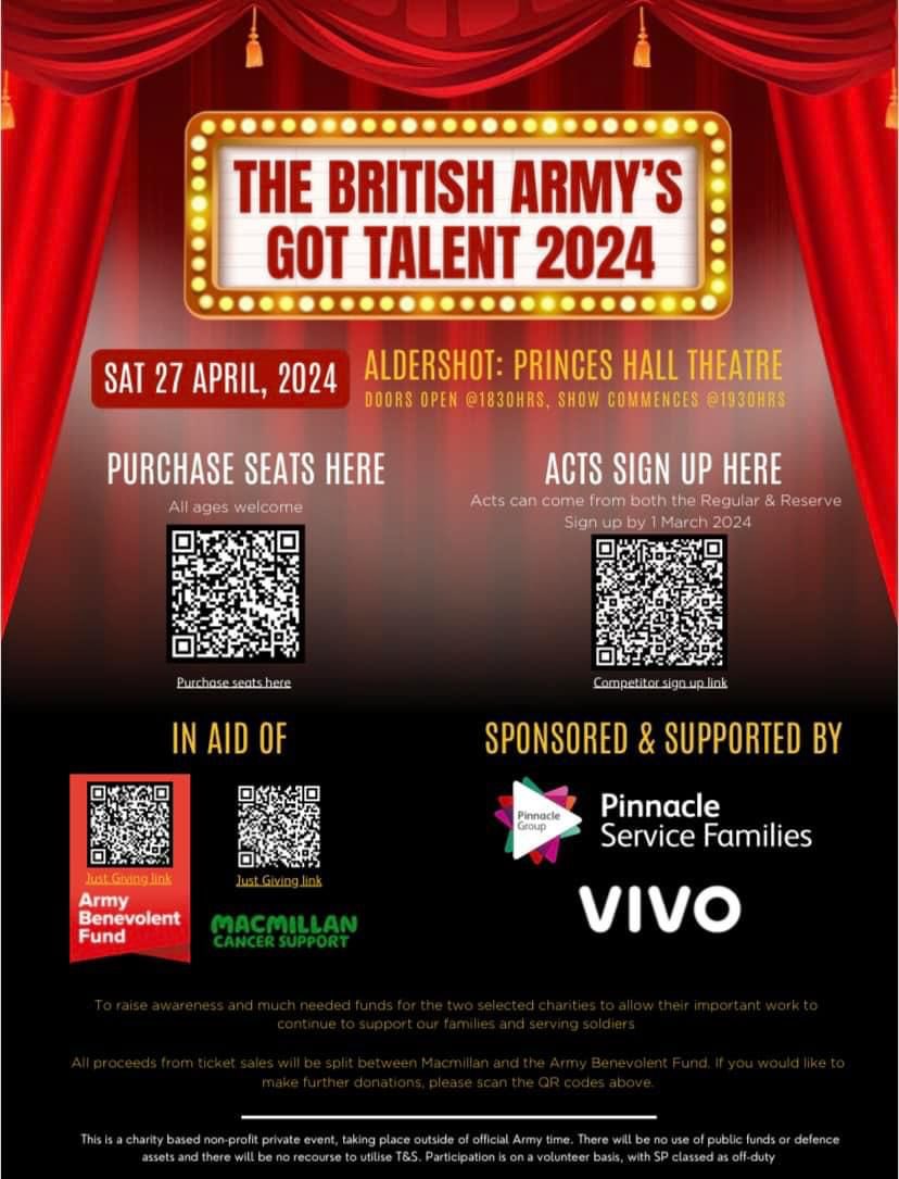 We are helping out at The British Army’s Got Talent 2024 at The Princess Hall Aldershot on Saturday 27th April . Join us to raise lots of money for @macmillancancer @BritishArmy @FrimleyHealth