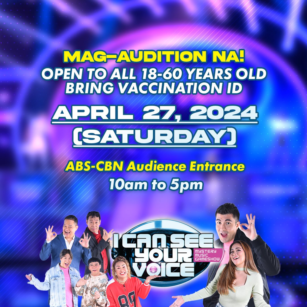 🔎 Mapa SEEntunado man o SEEnger, lahat ay welcome dito sa #ICanSeeYourVoice! MAG-AUDITION NA! 🗓️ APRIL 27 (SATURDAY) 📍 ABS-CBN Audience Entrance ⏰ 10AM to 5PM ONLY WATCH MORE VIDEOS VIA: youtube.com/@ICSYVPH youtube.com/@ICSYVPH