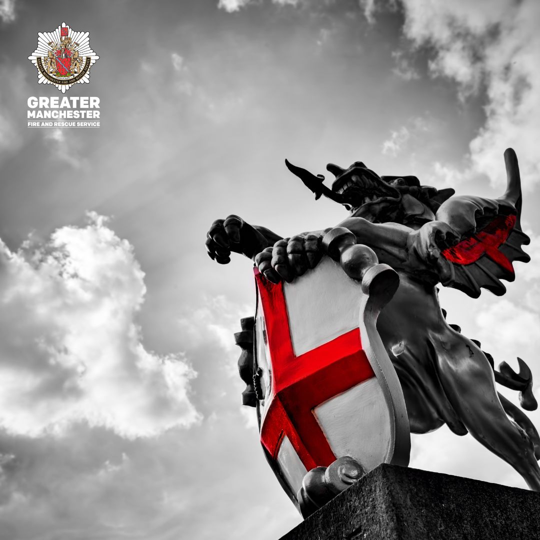 manchesterfire's tweet photo. Happy St George's Day 🐉 
We're pretty sure our firefighters won't be facing a fire breathing dragon today but we're sure they'll be busy across the city region keeping Greater Manchester safe! https://t.co/nlwueuhOST