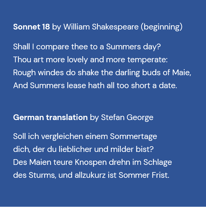 #OnThisDay: to mark William Shakespeare's birthday ✍️🎂, here's an excerpt of his much-loved Sonnet 18 - together with a famous translation by German poet Stefan George. Enjoy! 💕