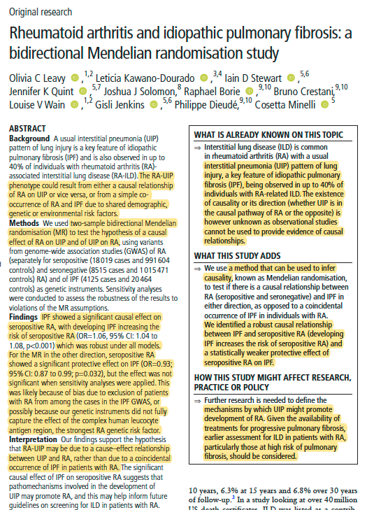 1/💥 Using proper methods to infer causality (Mendelian randomization), we identified a ROBUST CAUSAL RELATIONSHIP between idiopathic #pulmonaryfibrosis (IPF - UIP) and seropositive #rheumatoidarthritis: Meaning +