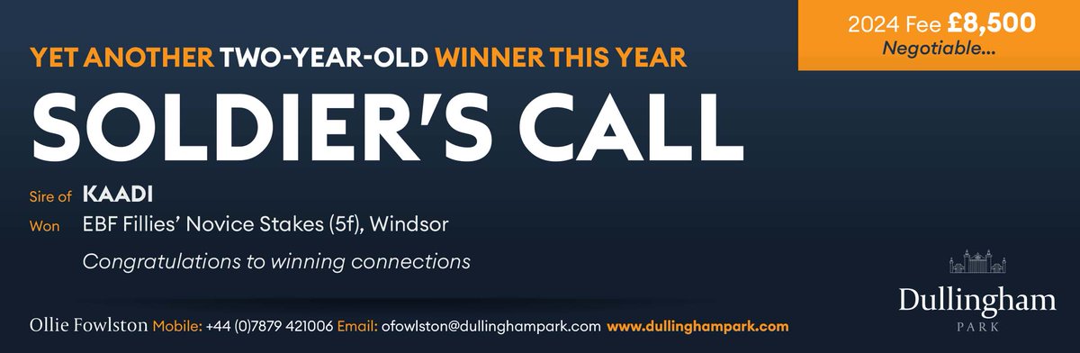 🌟 Yet another 2YO winner this year for @dullingham_park's SOLDIER'S CALL 🌟 🏆 KAADI won the @EBFstallions Fillies' Novice Stakes at @WindsorRaces yesterday. Congratulations to winning connections 👏 For more info visit ➡️ dullinghampark.com/stallions/sold…