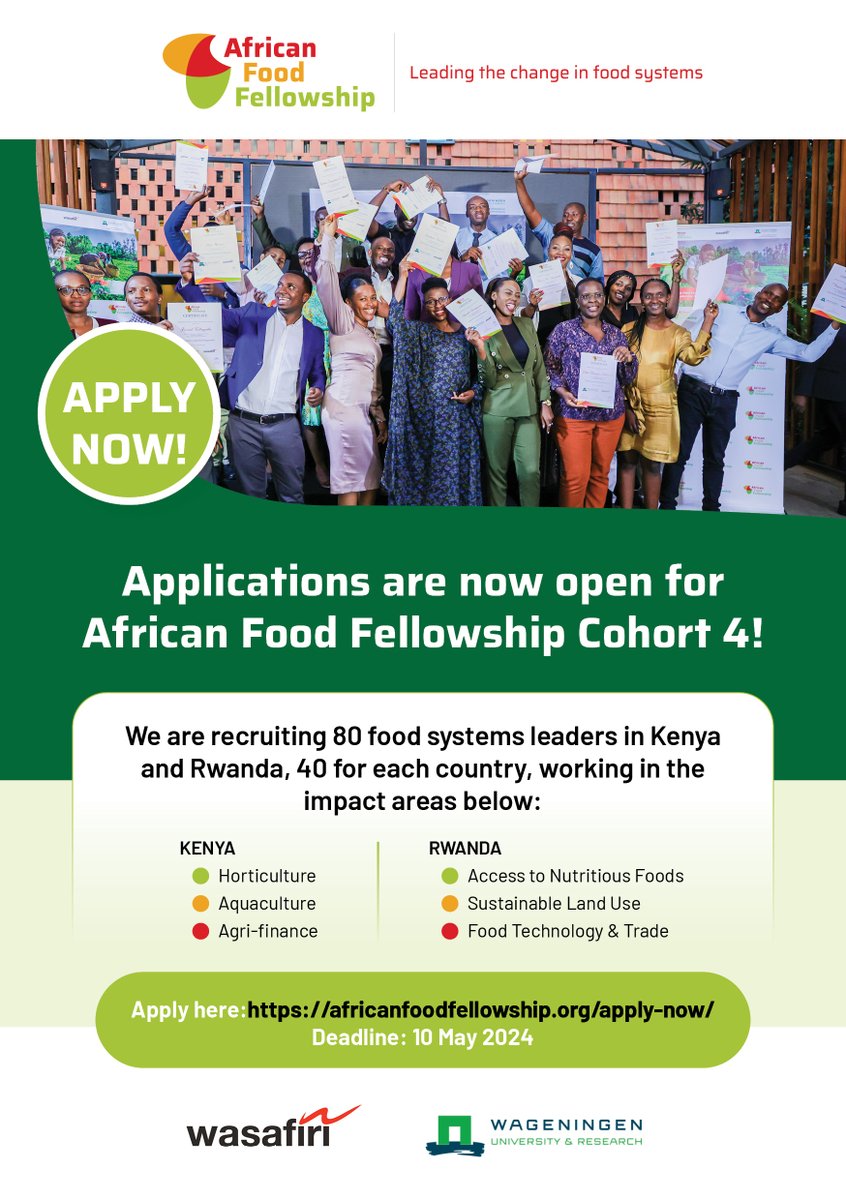 Applications for cohort 4 of the @_AfricanFood are open! If you live in Kenya 🇰🇪 or Rwanda 🇷🇼 and you are passionate about working to make food systems healthy, inclusive and sustainable, apply today. Tell a friend! Deadline: May 10 2024 Apply here:  africanfoodfellowship.org/apply-now/