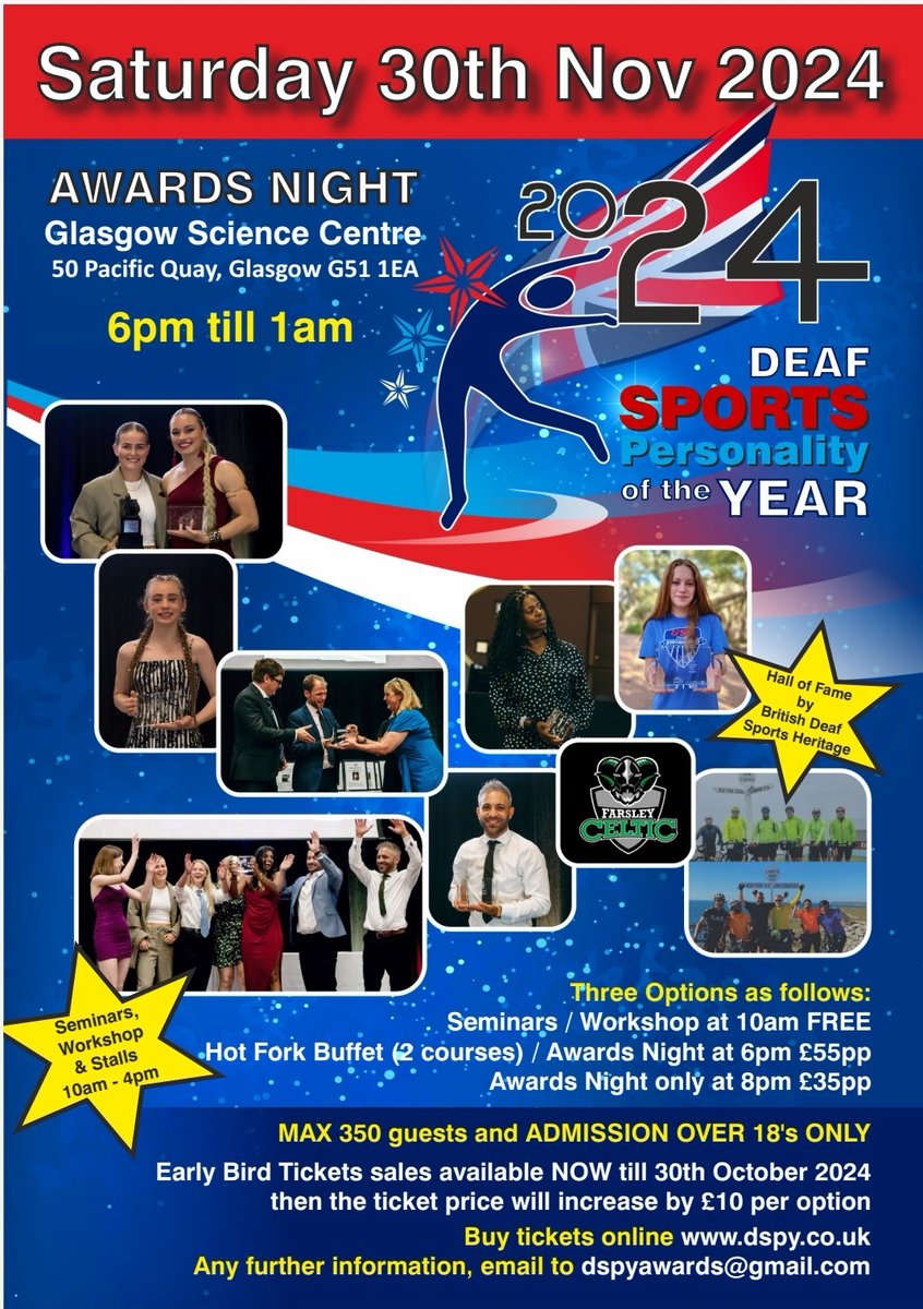 Sports Community DSPY is pleased to announce that ticket sales and nomination online are opening to the general public now for our 8th biennial awards on Saturday 30th November 2024 at Glasgow Science Centre, Glasgow, Scotland. Our website - dspy.co.uk