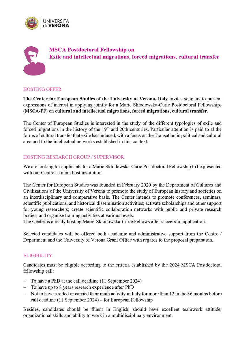 GioB1974's tweet photo. "Exile and intellectual migrations".
Call for expression of interest for Marie Sklodowska Curie applicants. #msca

We look forward to your application!
Thank you for sharing/retweeting. https://t.co/0aE3ps9sib