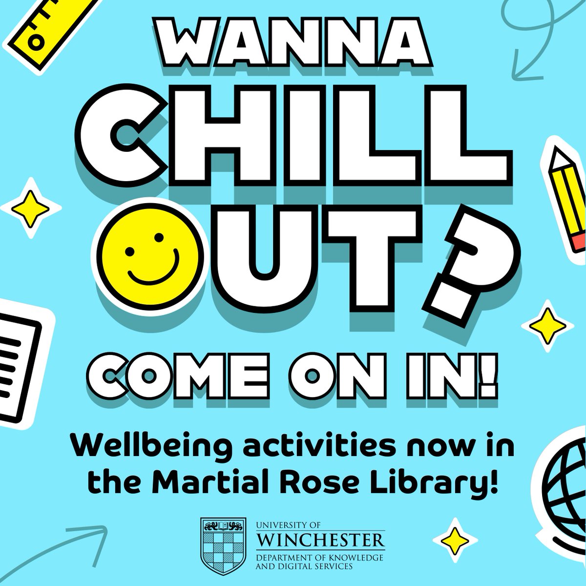 UniWinLibrary's tweet image. ✏️✨ Feeling stressed?

The Martial Rose Library has its wellbeing space back for the exam period!

Pop into the Consultation Space  (the room by the front entrance) for colouring pages, origami, and more!

You can also leave tips for your fellow students on our pinboard! 📌✨