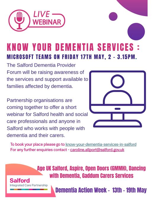 Do you know what services and support are available in Salford for families affected by dementia? This webinar 'Know your Dementia Services' - will tell you more - Friday 17th May. Book your place: bit.ly/3UrZCwM