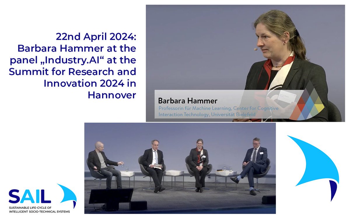 On April 22, Barbara Hammer acted as panel member of the panel 'Industry. AI' at the 2024 Summit for Research and Innovation taking place at @hannover_messe.🤩👥 ➡Watch the exciting discussion about the opportunities and impact of AI in industry here: forschungsgipfel.de/2024