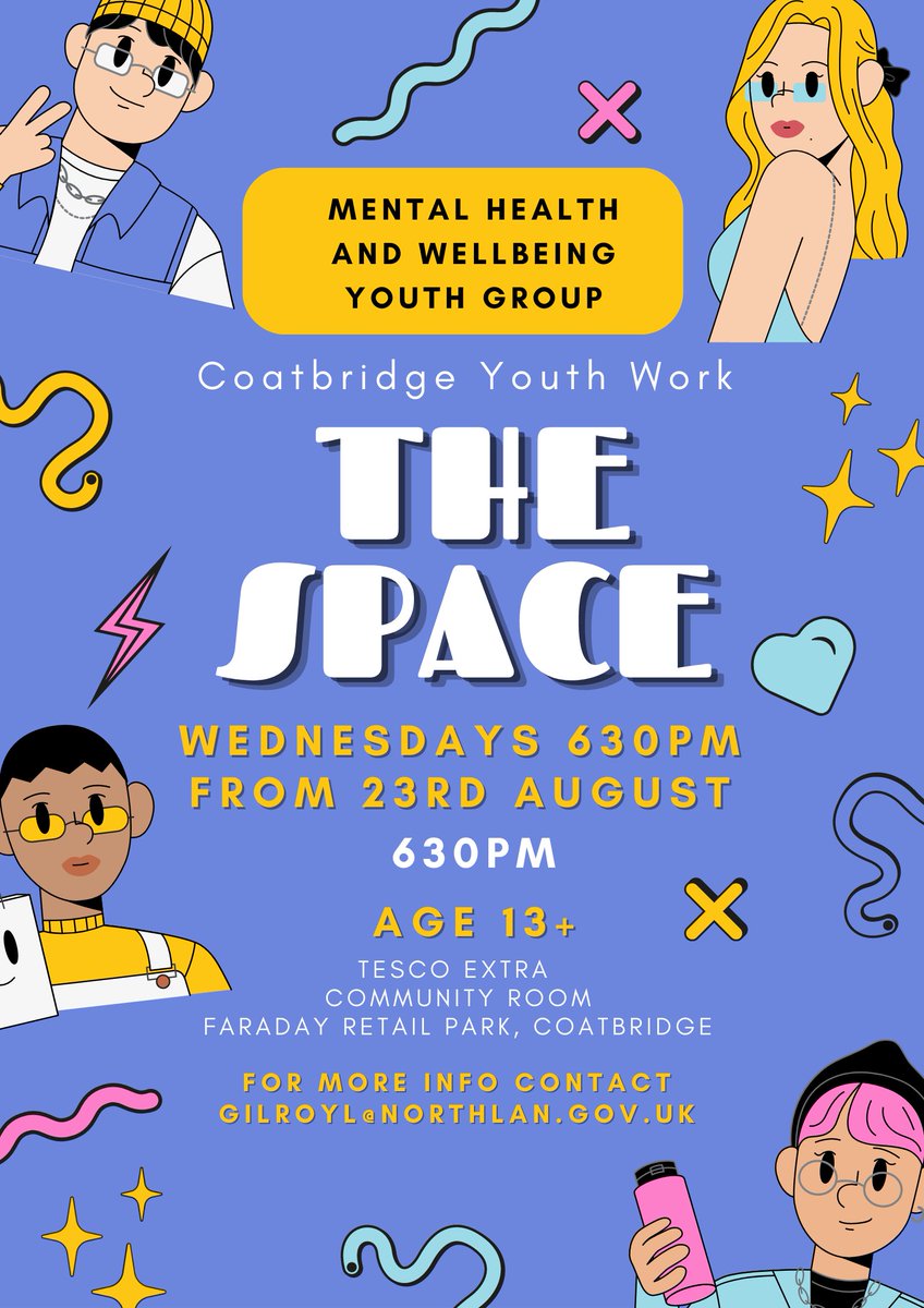 Are you age 13+ and looking for a group to look at all things Wellbeing? Come along to The Space on a Wednesday at Tesco Community Room in Coatbridge. For more information contact GilroyL@northlan.gov.uk