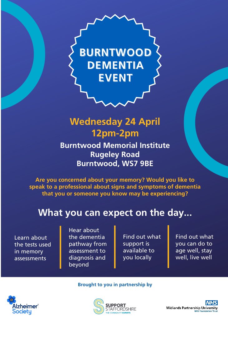 Do you live in or around Burntwood? Are you or someone you care about concerned about their memory? Come along to Burtwood Memorial Institute tomorrow (24th April) to speak to professionals and specialists in memory about assessment, support and staying well @mpftnhs #memory