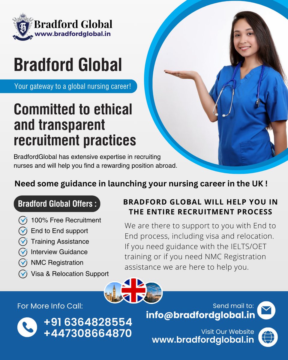 #BradfordGlobal - Your gateway to a global nursing career - Committed to ethical and transparent recruitment practices !#NursingOpportunities #InternationalNursing  #ProfessionalGrowth #NurseSupport #IELTSTraining #OETTraining #CBTBooking #NMCRegistration #VisaProcessing