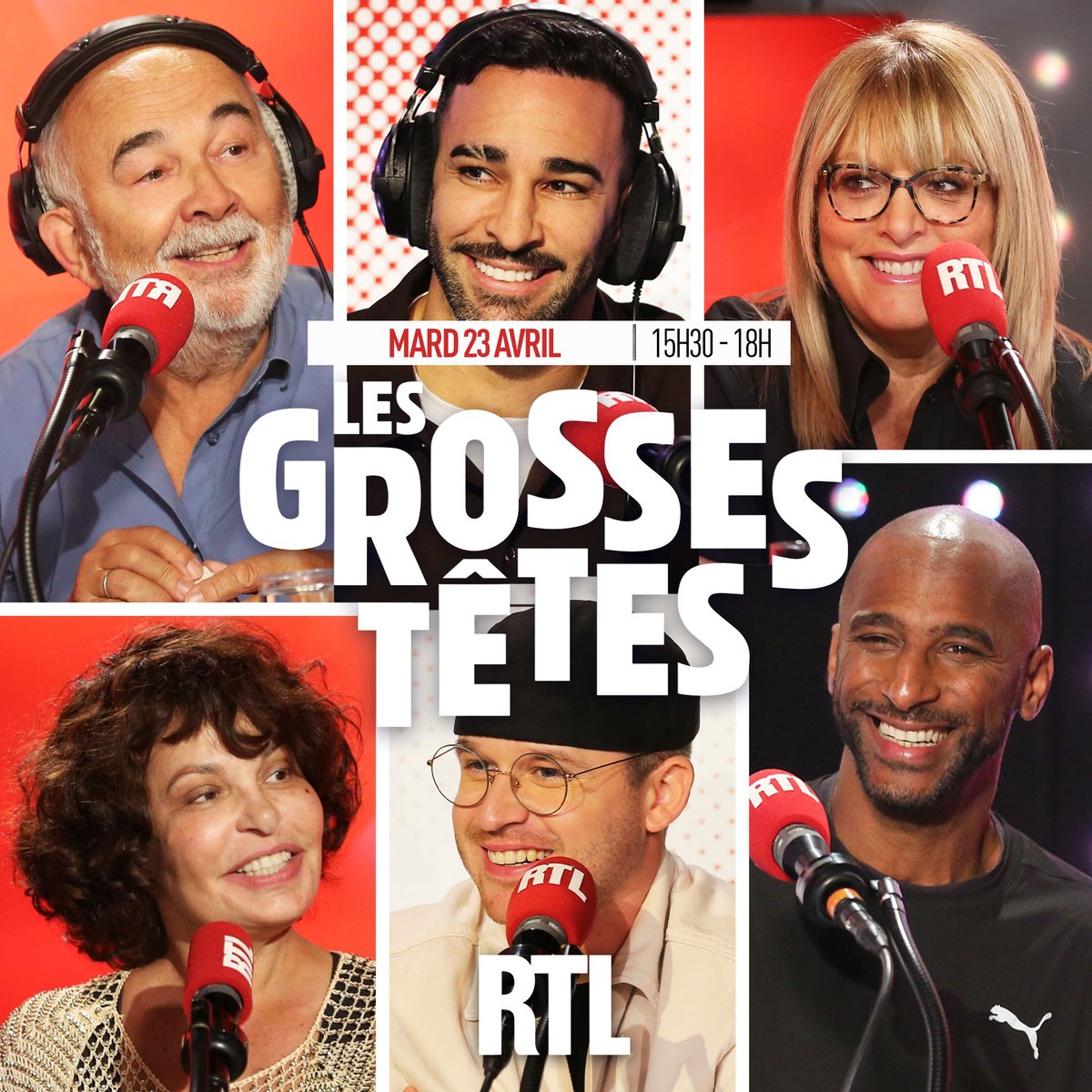 Bonjour à tous ! Découvrez Les Grosses Têtes de ce mardi 23 avril. Autour de @ruquierofficiel aujourd'hui : 🎬 #GérardJugnot ⚽ #AdilRami 💎 @CarolineDiament 🌿 @stomyduarte 🎭 @IsaMergault 📹 @GuiHome2 📻 Coup d'envoi de l'émission 👉 15h30 sur RTL