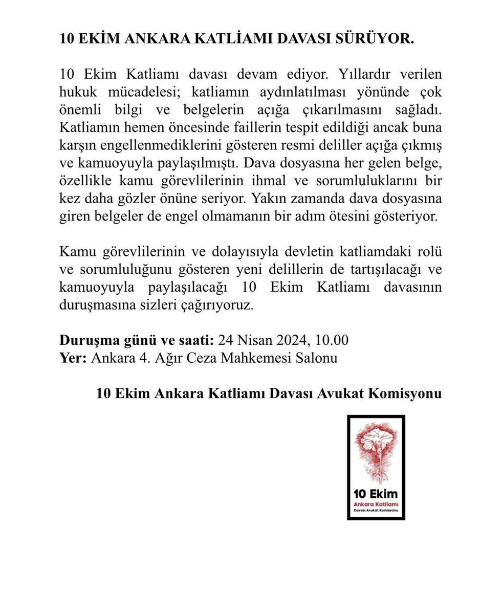 DURUŞMAYA ÇAĞRI! 10 Ekim Katliamı’nda hayatını kaybeden 104 yurttaşımız için adalet arayışı devam ediyor! Kamu görevlilerinin sorumluluk ve ihmallerine dair yeni delillerin de tartışılacağı duruşmaya tüm demokratik kamuoyunun katılımı önemlidir. @10EkimDavasi