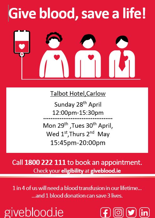 🩸The Blood Transfusion Service with be in the Talbot Hotel Carlow on 28, 29 & 30 April and 1 & 2 May. ☎️To make an appointment, click on giveblood.info/Clinics or phone 1800222111 ❤️One blood donation can save three lives and every drop counts.