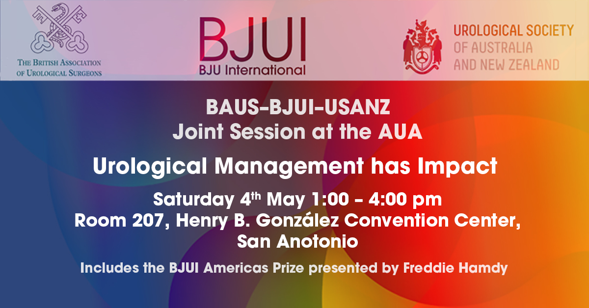 If you are attending #AUA24 join us at the BAUS-BJUI-USANZ Joint Session 1-4 Saturday 4 May Info via: ow.ly/E6p750Rh23e Chairs: @JoCresswell4 @Freddie_Hamdy @VaibhavModgil @mcneill_alan Speakers: @Mehwash_Nadeem @mariasatchi @BSoT_UK @BURSTurology @IPearce82 @joeuro
