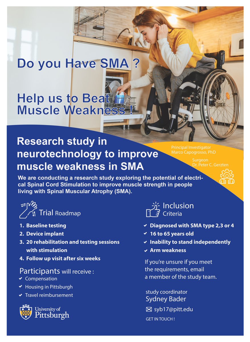 🚨Helps us recruit participants for our study exploring the effects of Neurostimulation ⚡️🧠 to improve motor function in people with Spinal Muscular Atrophy (SMA)!! Help us beat paralysis 💪@SMAEurope @smafoundation @genentech @PittTweet @RNELabs @UPMCPhysicianEd @PittNeurosurg