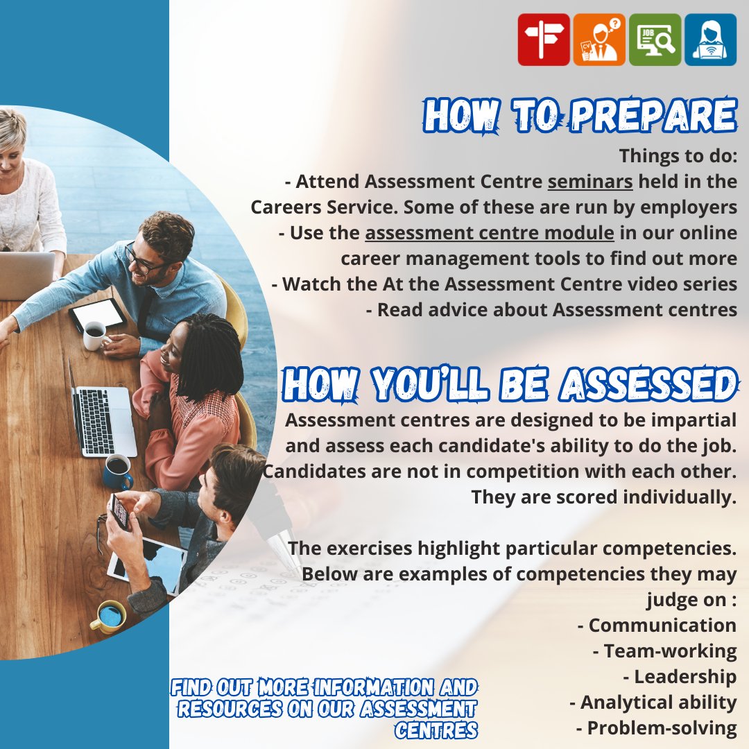 Have you made it to the #AssessmentCentre stage? Well Done!! 🎉

Now let's prepare! Use our online assessment centre toolkit explains everything you need to know about assessment centres, the activities you may be assessed on and how to perform. 

strath.ac.uk/professionalse…