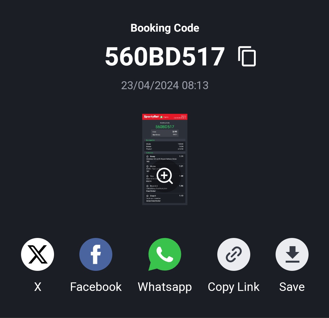 SPORTYBET CODE FOR BOOKING IS (560BD517) @SportyBet @SportyBetNG