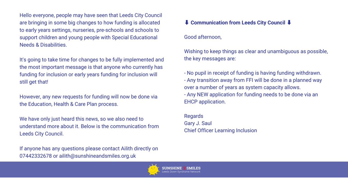 You may have seen that Leeds City Council are bringing in some big changes to how funding is allocated to early years settings, nurseries, pre-schools and schools to support children and young people with SEND. Please see the attached graphics for information.