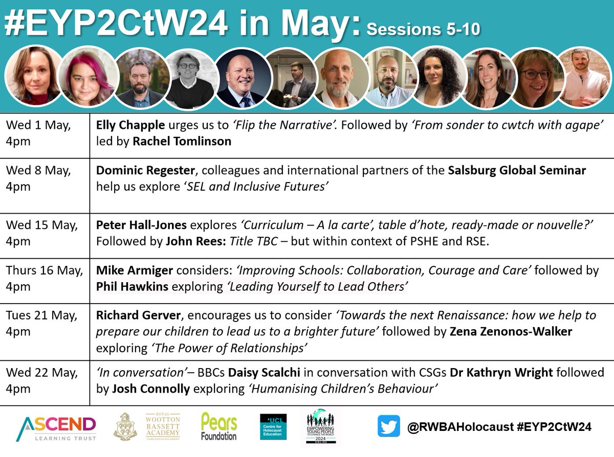 2024 marks 10 yrs of 'Empowering Young People to Change the World' #EYP2CtW24 offers online sessions to inform, engage & empower teachers, TAs, SLT & CEOs. ⬇️ is just May's line up! FREE bking: forms.office.com/r/e6pUfg32Bm RT @ZenaZenonos @elly_chapple @SalzburgGlobal @richardgerver