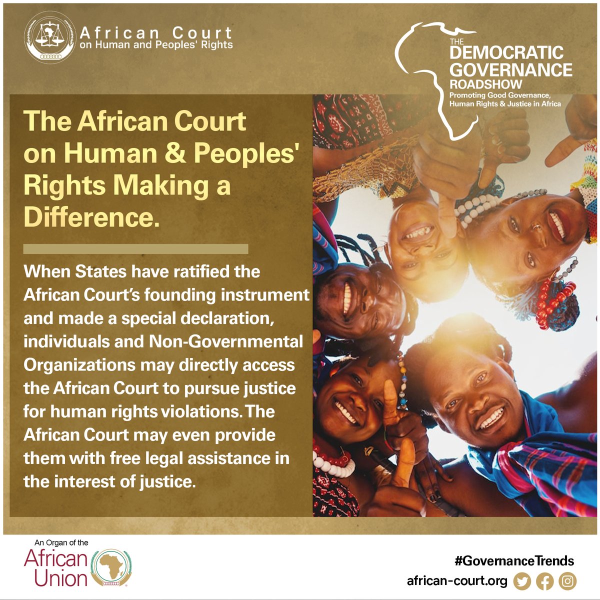 The African Court plays a key role in protecting fondamental human rights by issuing rulings. The AfCHPR clarifies the legal framework for Member States to ensure the upholding of Human rights in Africa. Share your thoughts on this matter using #GovernanceRoadshow