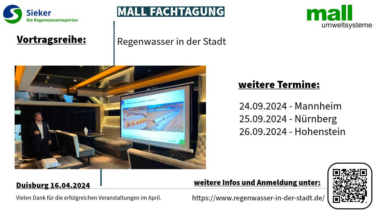 Nach den erfolgreichen Veranstaltungen im April sind im September dann weitere Termine der mall Fachtagungen verfügbar. Weitere Informationen unter : 
regenwasser-in-der-stadt.de
