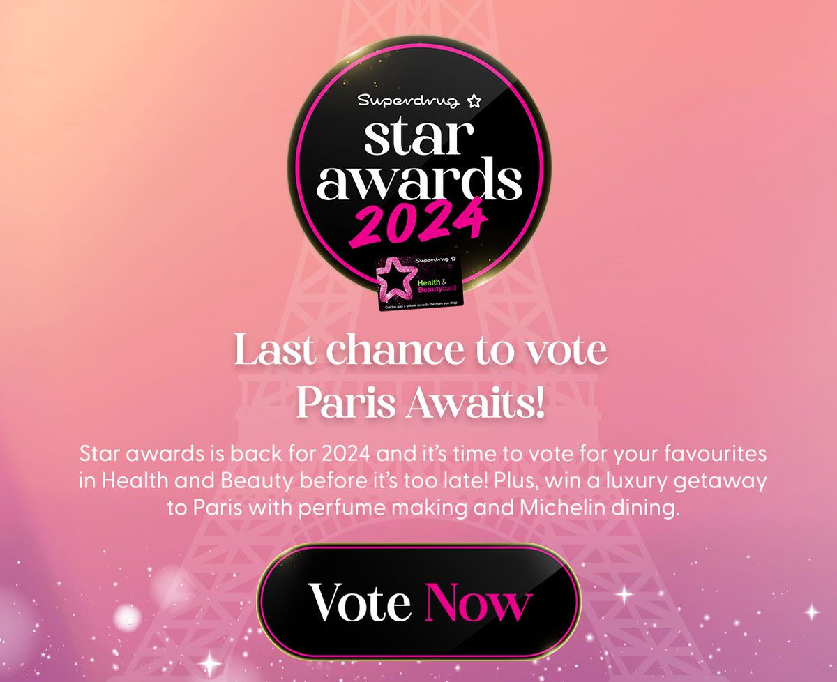 It’s your last chance to vote for your favourites in Health & Beauty! 🏃💖 And to win a luxury getaway to Paris!✈️ Star Awards 2024, vote here: innovation.superdrug.com/star-awards