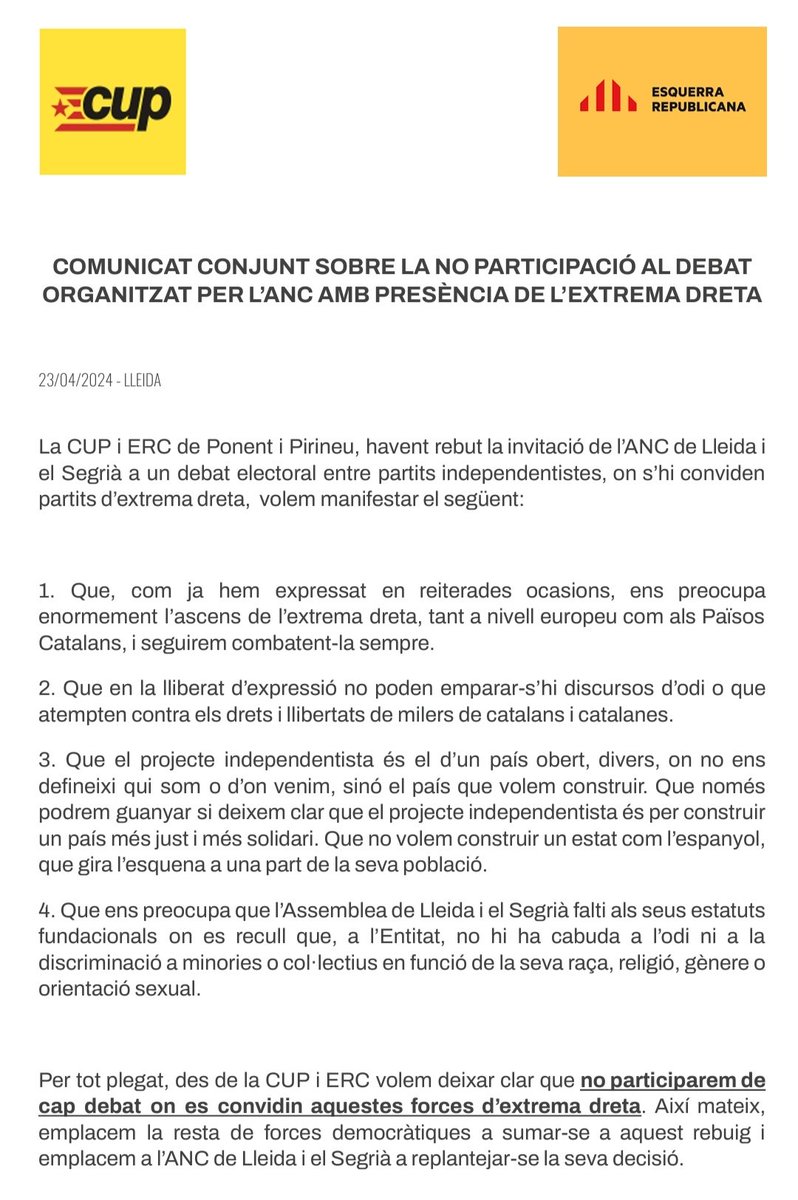 Cup_Pallars's tweet photo. No participarem de cap debat on es convidin forces d'extrema dreta.

🔴Rebutgem participar al debat d'ANC de Lleida i Segrià perquè la llibertat d'expressió no pot emparar discursos d'odi, perquè el projecte independentista és el d'un país obert i divers, més just i solidari https://t.co/ihuVhKPCCk