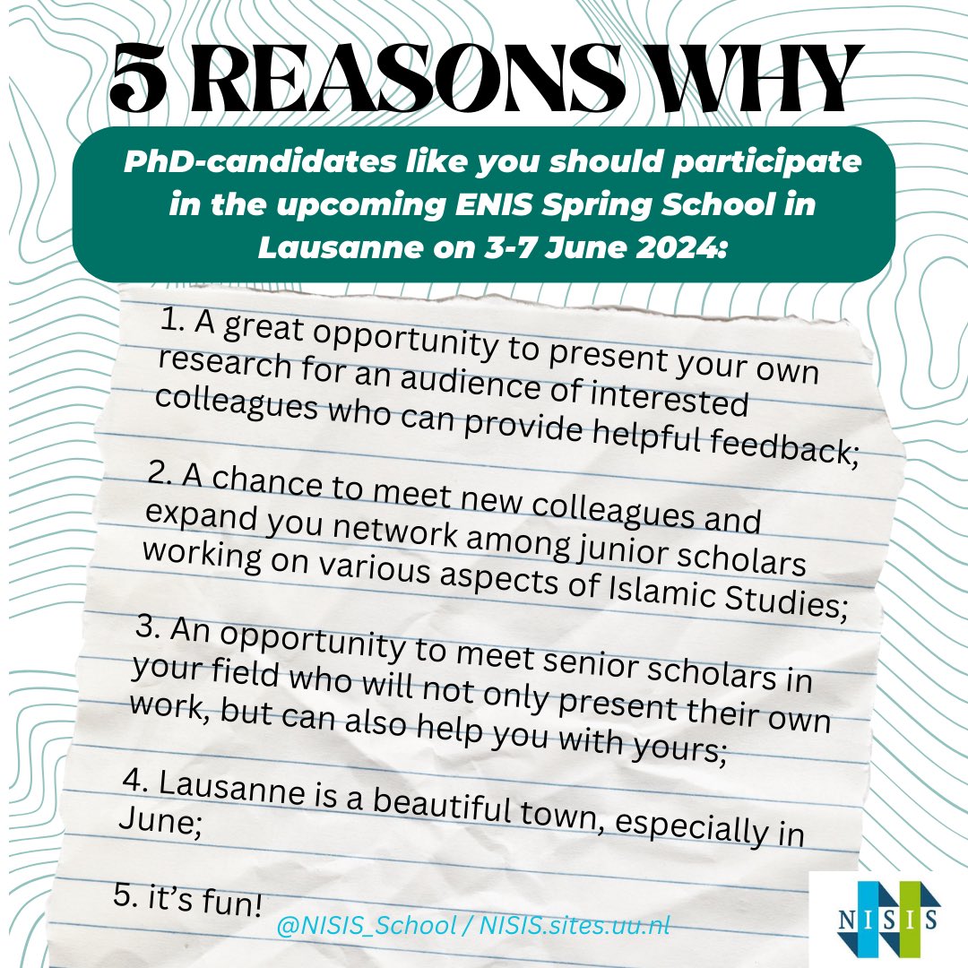 📣 Five reasons why you should join the ENIS Spring School in Lausanne 📣 This is your chance as a PHD-candidate to work in a dynamic, internationally-oriented, and collaborative environment! Register by May 1st, through: nisis.sites.uu.nl/2024/02/09/reg… #nisis #enis #phd #springschool