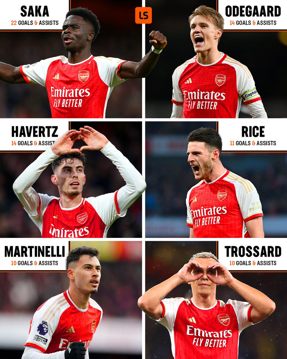 Arsenal are the only club to have 𝙎𝙄𝙓 players with 𝟭𝟬+ goal contributions in the Premier League this season 🔴⚽️🅰️