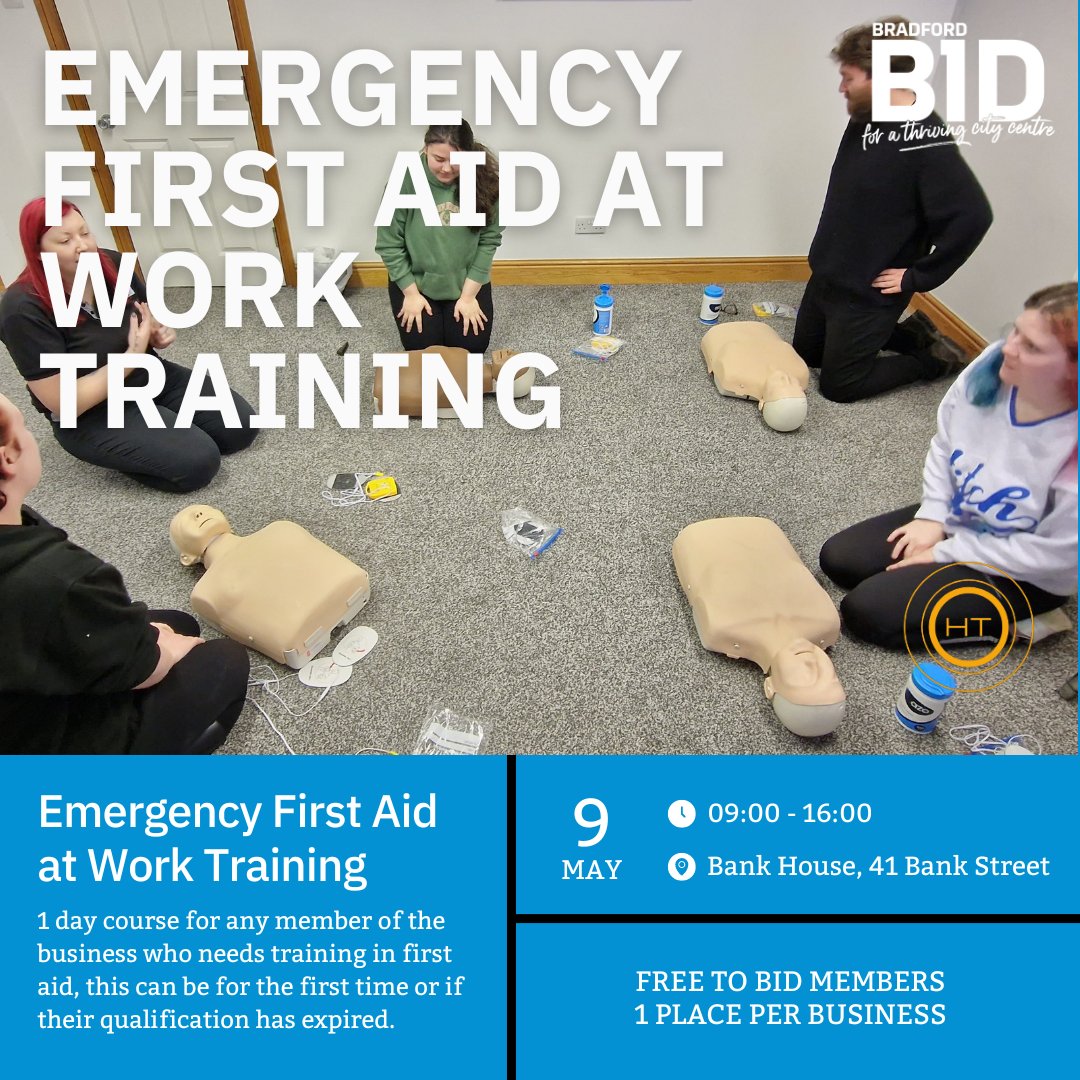 Last two places available! We are hosting free emergency first aid training for our BID member businesses on 9th May! You can book via the website bradfordbid.co.uk or contact enquiries@bradfordbid.co.uk with any questions. #BIDMember #FirstAidTraining #BradfordCityCentre