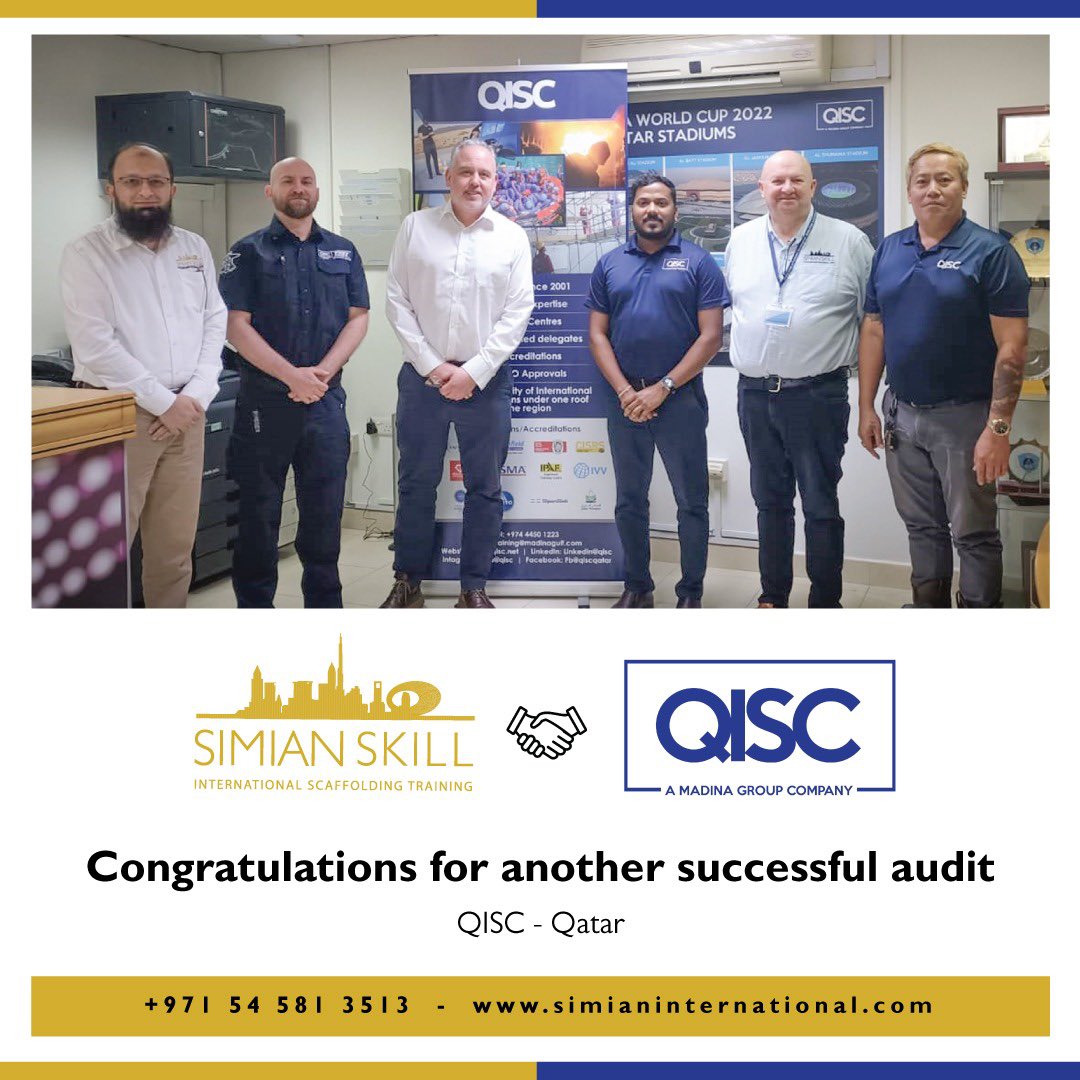 SimianGCC's tweet photo. π Congratulations to our partner centre QISC, Qatar for another successful audit, meeting CISRS standards with excellence! π
#simianinternational #CISRS #QISC #Qatar #ScaffoldingExcellence #QualityTraining #CISRSCertified #construction #industry #oilandgas #offshore https://t.co/83G2Ri9UrM
