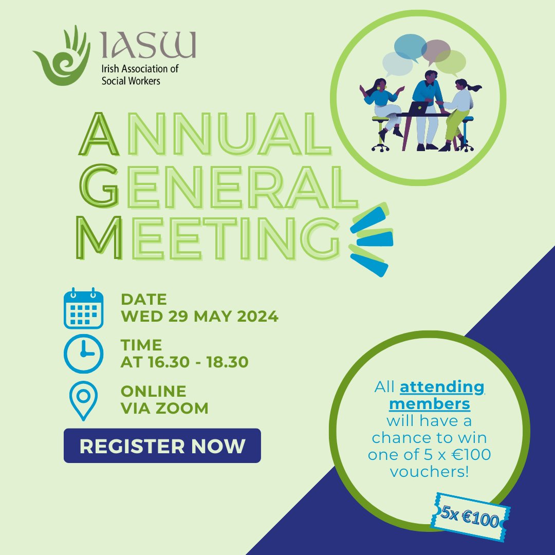 📢It's time to register for the Annual IASW AGM. Wednesday, 29 May 2024 @ 16.30. Members, make your voice heard with your vote & be in with a change to win one of five €100 vouchers!💰 Register today and we'll see ya there: iasw.ie/events/558-ias…