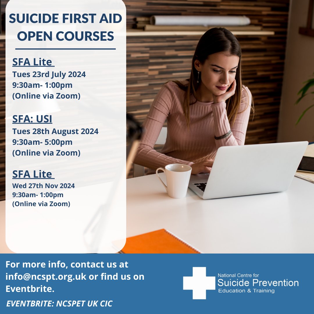 Sign up today! bit.ly/3Odi0G2 23rd July 2024 (Half day) 28th August 2024 (Full day) 27th Nov 2024 (Half day) Get in touch today at info@ncspt.org.uk #suicidefirstaid #SFA #suicideprevention #suicideawareness #mentalhealth #mentalhealthmatters