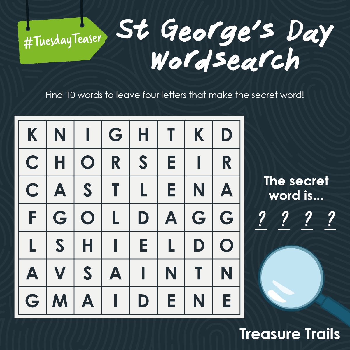 #TuesdayTeaser To celebrate Saint George's Day, we've got a little wordsearch for you with some hidden words related to St. George. Can you spot them all and reveal the secret word? 🕵️‍♀️ ✨USUAL RULES APPLY✨ - don't give away your answer!