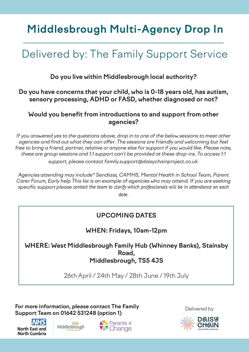 Do you live within Middlesbrough local authority? Do you have concerns that your child, who is 0-18 years old, has autism, sensory processing, ADHD or FASD, whether diagnosed or not? Would you benefit from introductions to and support from other agencies?
