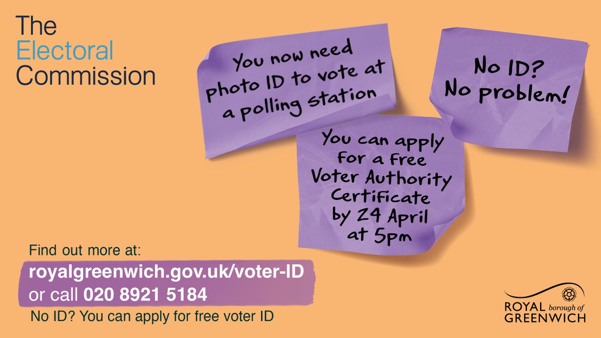 📣To vote in person in the Mayor of London and London Assembly elections, you will need valid photo ID. 🆔 If you don't have a valid form of ID you have 1 more day to register for a free Voter Authority Certificate, apply before 5pm tomorrow. Learn more: royalgreenwich.gov.uk/voter-ID