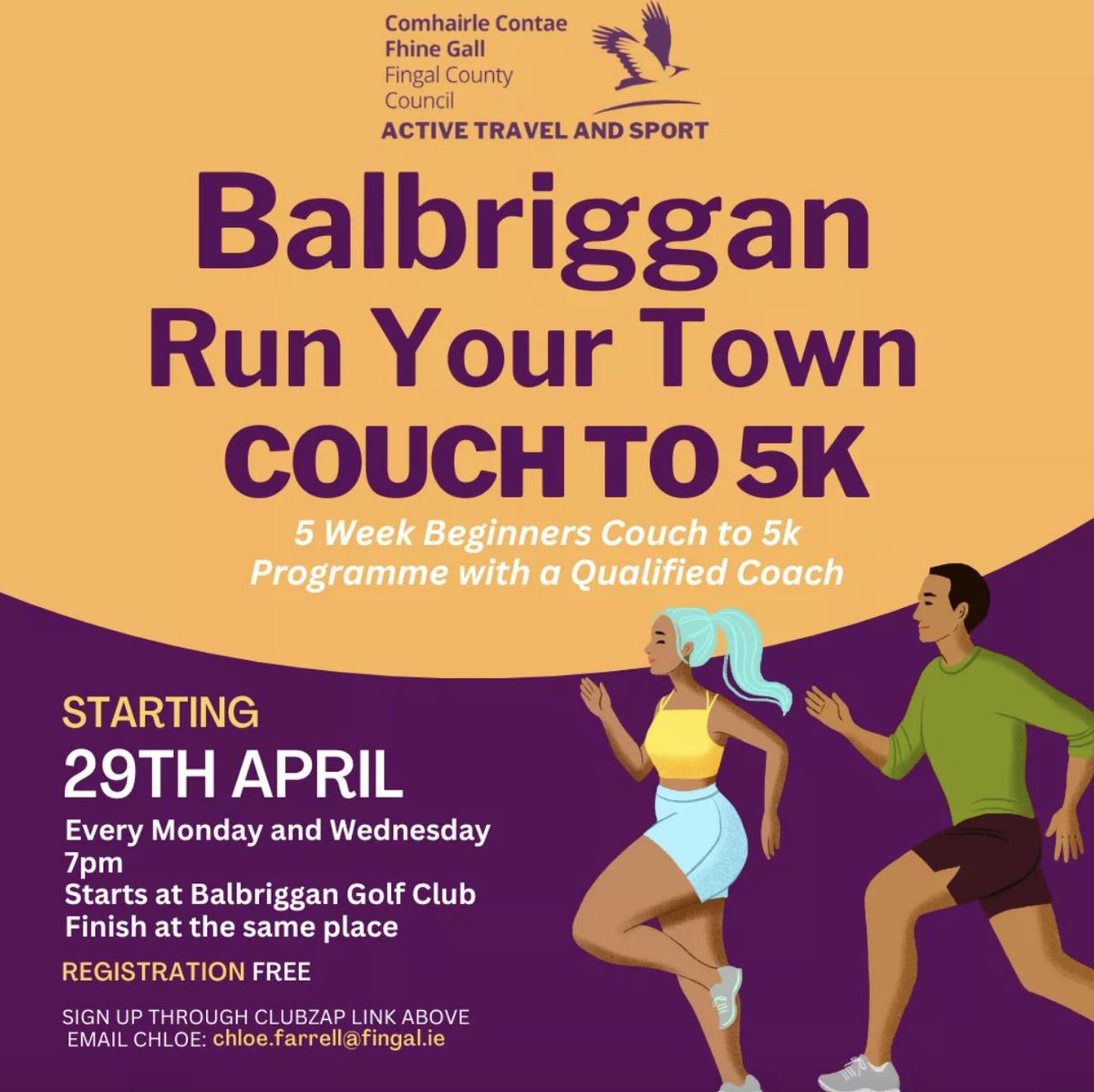 Balbriggan Couch To 5km is kicking off from April 29th! You can get involved every Monday or Wednesday evening from 7pm at Balbriggan Golf Club. fingalsports coach Paul will train you over a 5 week block so you can 'run your town'! To signup, email chloe.farrell@fingal.ie