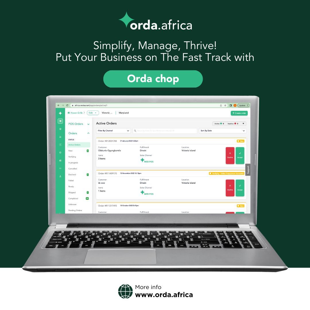Simplify, Manage, Thrive! Put Your Business on The Fast Track with Orda Chop 
✔️ Streamline Operations – Manage orders, payments, & customers on an intuitive dashboard
✔️ Financial Magic – Accept payments, track invoices, & stay on top of your finances seamlessly.

#OrdaAfrica