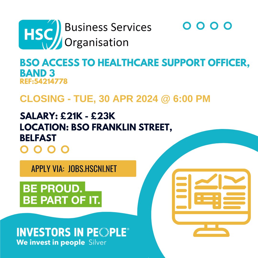 @BS0_NI Access to Healthcare Support Officer, Band 3 Location: BSO Franklin Street, Belfast Salary: £21k - £23k Closing Date: Tue, 30 April 2024 @ 6:00 PM For more information and to apply: jobs.hscni.net/Job/34421/bsoa… #BSO #hscjobs #hscni #accesstohealthcare #Belfast #NIjobs