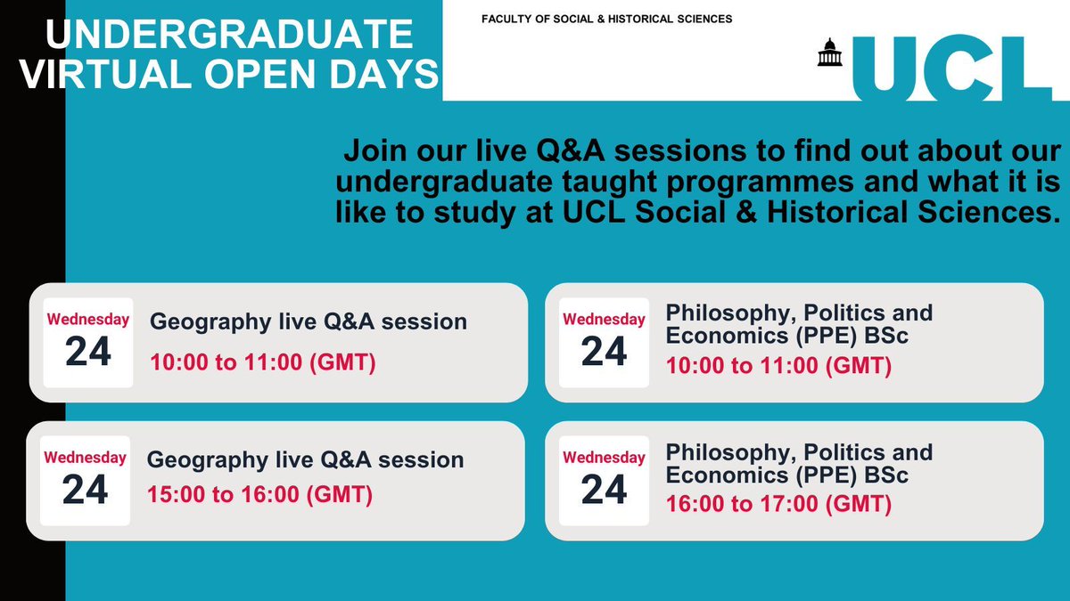 Join us tomorrow as we will be running more Q&A sessions as part of our virtual #UCLOpenDays 👀 Speak to our staff & students and find out more about our taught programmes below⬇️ 📑 Book your place now: buff.ly/4cnzUAt @uclspp @UCLgeography