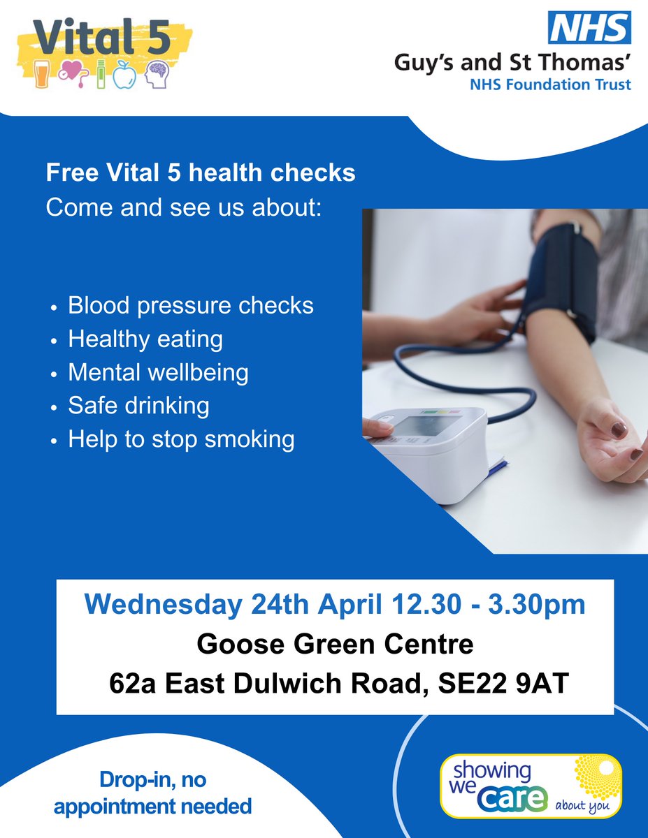 Drop in to the Goose Green Centre tomorrow, Wednesday 24 April, for free health check, support and advice, including diabetes help, mental health and advice about breast screening. All welcome between 12.30 and 3.30pm. SE22 9AT #EastDulwich #Peckham @GSTTnhs